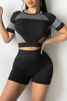Black Sexy Casual Color Block Patchwork O Neck Short Sleeve Two Pieces
