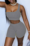Grey Sexy Casual Solid Backless One Shoulder Sleeveless Two Pieces