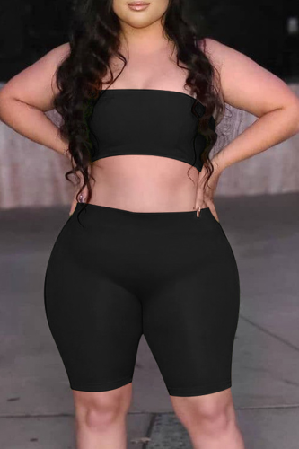 Black Sexy Solid Patchwork Strapless Plus Size Two Pieces