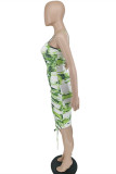 ライトグリーンファッションセクシープリントフォールドUネックスリングドレス