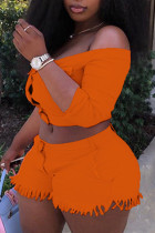 オレンジ ファッション カジュアル ソリッド ベーシック オフショルダー プラスサイズ ツーピース