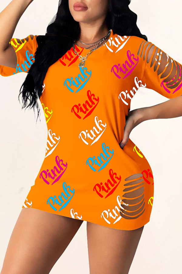 Vestido de manga curta casual moda laranja com estampa de letras rasgada
