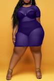 Purple Sexy Plus Size Solid See-through O Neck Short Sleeve Dress