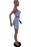 Blue Fashion Sexy Solid Hollowed Out Backless Spaghetti Strap Sleeveless Two Pieces