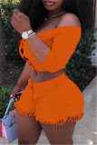 Оранжевый модный повседневный однотонный базовый с открытыми плечами плюс размер из двух предметов