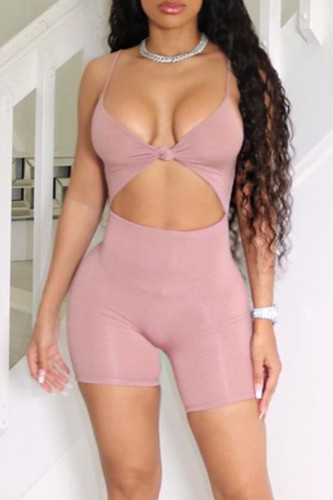 Pink Fashion Sexy Solid Hollowed Out Backless Spaghetti Strap Skinny Romper
