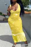 Yellow Sexy Casual Print Basic U Neck Vest Dress Dresses