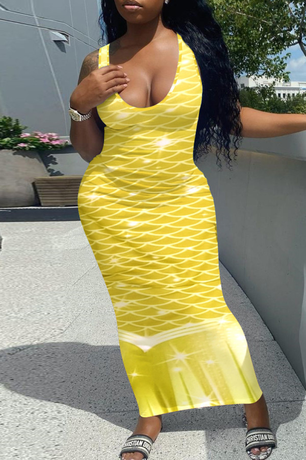 Желтое сексуальное повседневное платье с принтом, базовое платье с U-образным вырезом, платья
