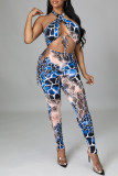 Blue Fashion Sexy Print Backless Strap Design Mouwloos Two Pieces
