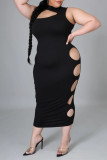 Zwarte mode sexy plus size effen uitgeholde halve coltrui mouwloze jurk