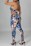Blue Fashion Sexy Print Backless Strap Design Sleeveless Two Pieces