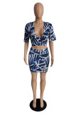Blue Fashion Sexy Print Basic V Neck Short Sleeve Two Pieces
