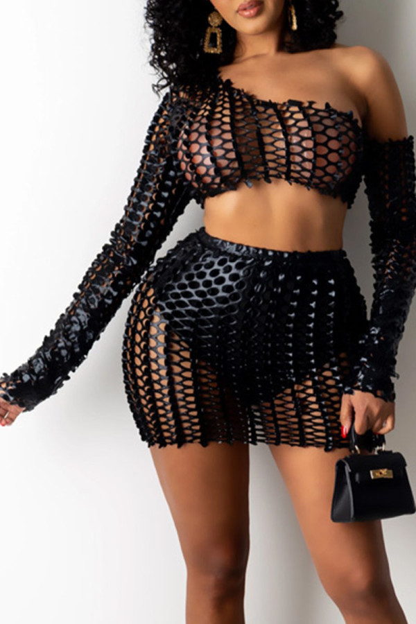Black Sexy Solid Ripped Hollowed Out One Shoulder Long Sleeve Two Pieces