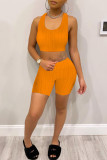 オレンジファッションソリッドベーシックUネックノースリーブツーピース