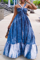 Vestidos de saia de bolo com estampa de rua azul patchwork frente única