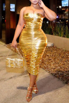 Goudgele sexy effen vouw strapless mouwloze jurk