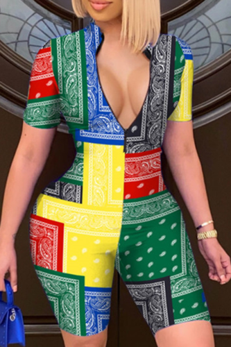 Green Sexy Print Patchwork Zipper Collar Skinny Rompers