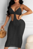 Negro sexy sólido ahuecado correa de espagueti lápiz falda vestidos