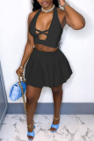 Black Sexy Solid Patchwork Halter Sleeveless Two Pieces