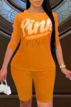 Оранжевый модный повседневный принт с буквенным принтом и круглым вырезом с коротким рукавом из двух частей