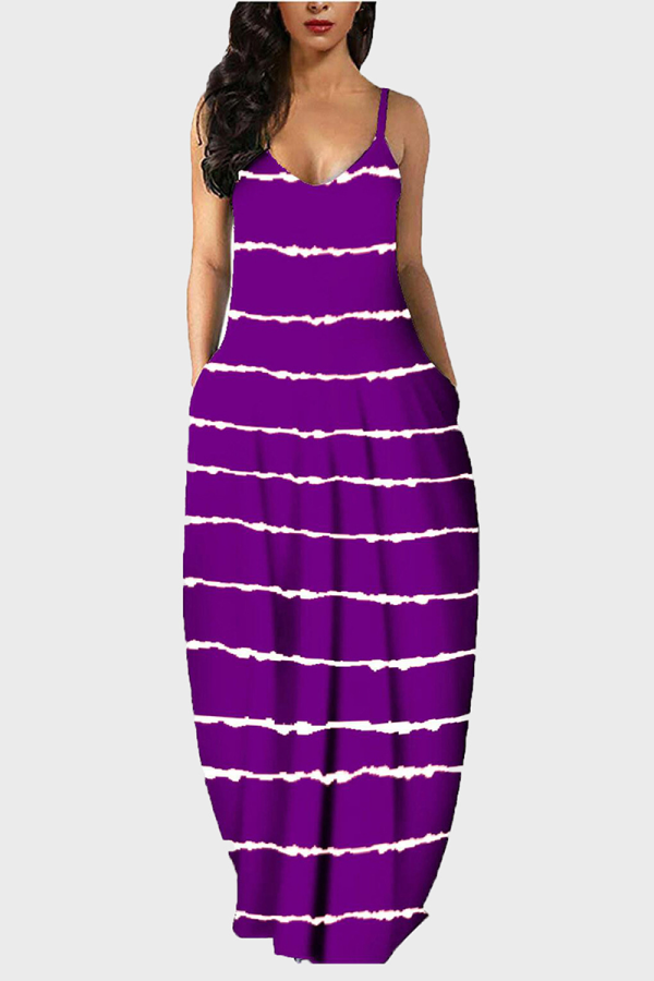 Robe imprimée décontractée à bretelles spaghetti et patchwork violet, robes de grande taille