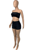 Black Sexy Pleuche Patchwork Solid Patchwork Vests Strapless Sleeveless Short Two Pieces