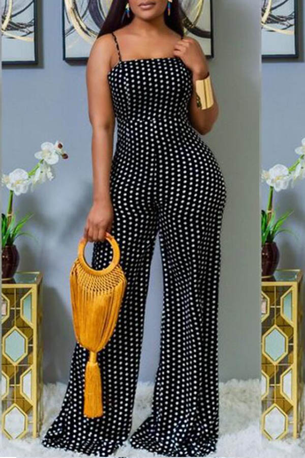 

Black Fashion Casual Asymmetrical Polka Dot bandage Sleeveless Slip Jumpsuits