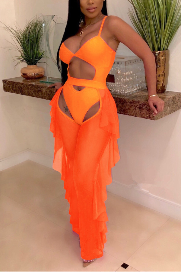 Orangefarbener, sexy, ärmelloser Netz-Badeanzug, zweiteiliges Set