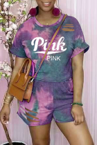 Violet Casual Patchwork Tie-dye O Neck Short Sleeve Two Pieces