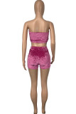 Pink Sexy Pleuche Patchwork Solid Patchwork Vests Strapless Sleeveless Short Two Pieces Tube Crop Tops And Shorts Sets