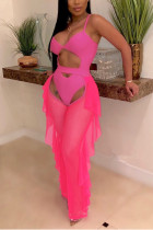 Costume da bagno in rete senza maniche rosa sexy in due pezzi