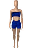 Blue Sexy Pleuche Patchwork Solid Patchwork Vests Strapless Sleeveless Short Two Pieces
