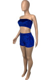 Blue Sexy Pleuche Patchwork Solid Patchwork Vests Strapless Sleeveless Short Two Pieces