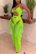 Completo due pezzi del costume da bagno in rete senza maniche sexy verde fluorescente