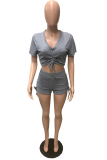 Grey Casual Solid Patchwork V Neck Short Sleeve Two Pieces