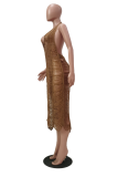 Khaki Sexy Patchwork Hollowed Out Halter Pencil Skirt Dresses