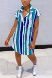 Синее модное сексуальное полосатое платье-рубашка с коротким рукавом