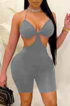 Grey Sexy Solid Hollowed Out Backless Strap Design Halter Skinny Romper Swimwear