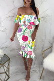 Multi-color sexy print backless off-shoulder jurk met korte mouwen