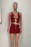 Tangerine Red Sexy Solid Draw String U Neck Sleeveless Two Pieces