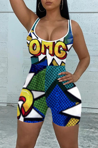 Multicolor Fashion Casual Print Basic U Neck Sleeveless Skinny Romper
