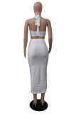 White Fashion Sexy Solid Backless Halter Sleeveless Two Pieces
