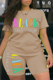Apricot Fashion Casual O Neck Letter Print Zweiteilige Anzüge Stitching Plus Size