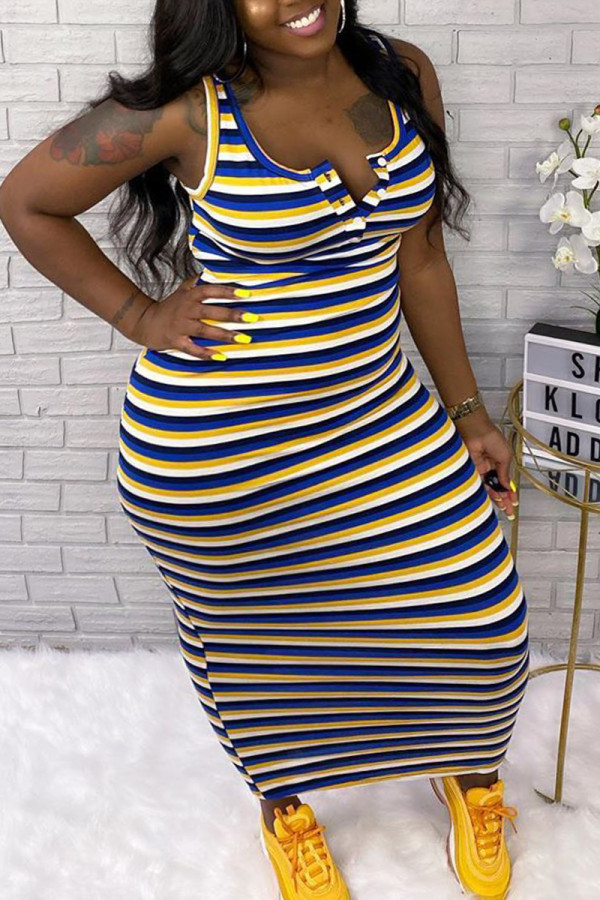 Blue Fashion Sexy Adult Ma'am O Neck Gestreifte Kontrastfarbe Stitching Stripe Plus Size