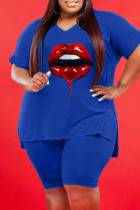 Blue Fashion Casual Lips Printed Slit V Neck Plus Size Two Pieces