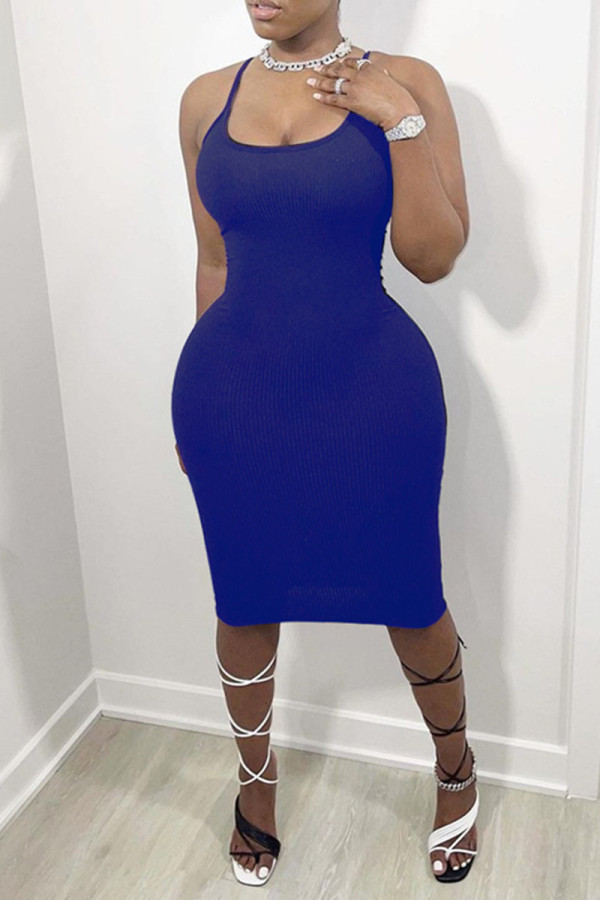 Deep Blue Sexig Casual Solid Backless U-neck Sling Dress