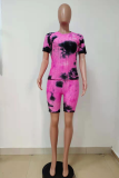 Pink Casual Patchwork Tie-dye O Neck Short Sleeve Two Pieces