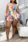 Yellow Fashion Casual Print Hollowed Out V Neck Plus Size Romper