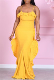 Yellow Fashion Casual Solid Backless Spaghetti Strap Sleeveless Dress