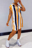 Оранжевое модное сексуальное полосатое платье-рубашка с коротким рукавом